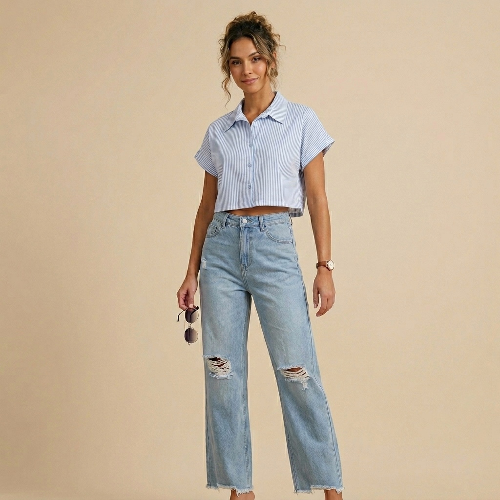 Conjunto "Daily Denim" | Camisa Cropped & Jeans Rotos