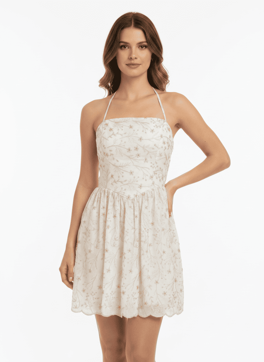 Vestido Corto "Girasoles Dorados" | Halter Estilo Skater con Encaje